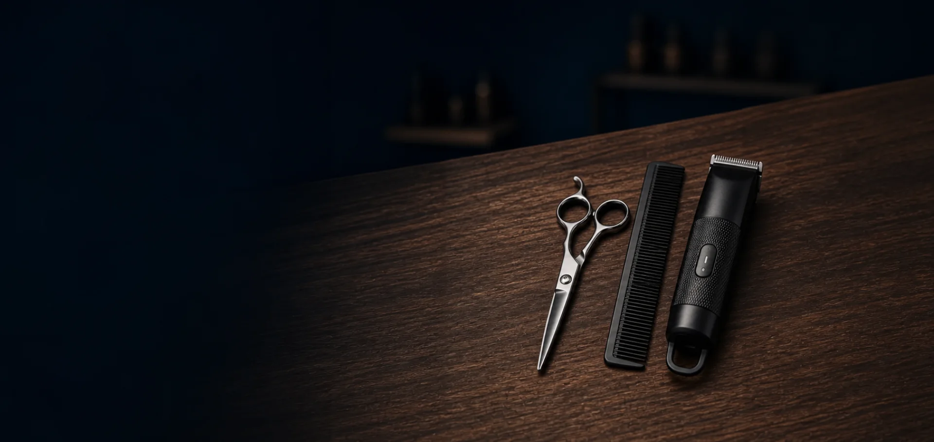 Close-up van professionele kappersschaar, kam en tondeuse bij Mens Hairfashion